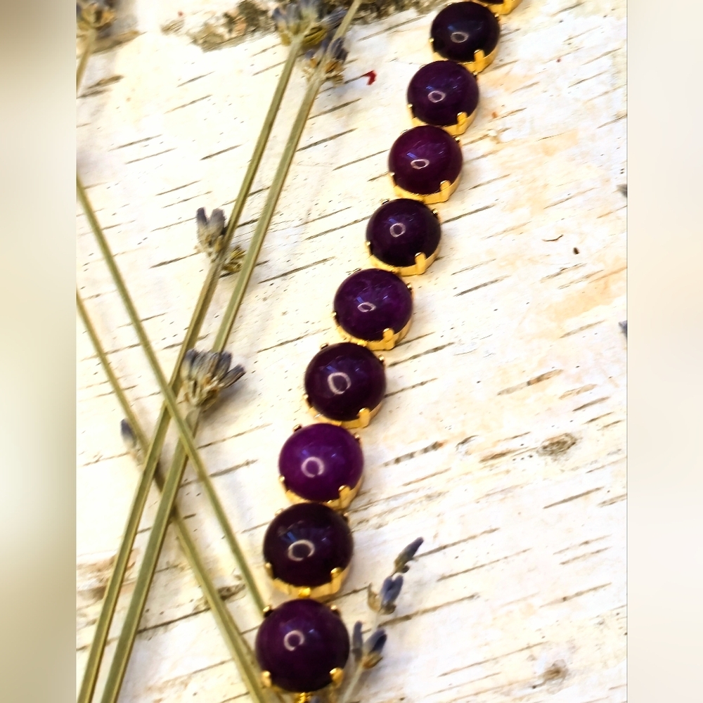 Natural Purple Deep Intense Malay Jade In Classic Gold Plated Tennis Bracelet